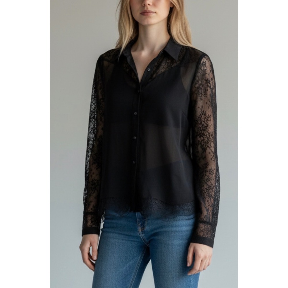Jason Wu Black 100% Silk Lace Sheer Snap Blouse Top 6 Whimsigoth Goth Coquette